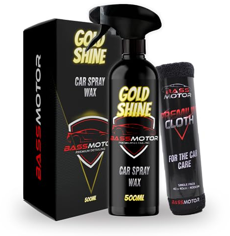 BassMotor Cera Líquida Rápida para Coche Moto Abrillantador Carrocería Brillo Efecto Espejo Repelente Hidrofobico Brillante con Spray Líquido Exterior Encerado - Gold Shine 500ml + Bayeta Premium