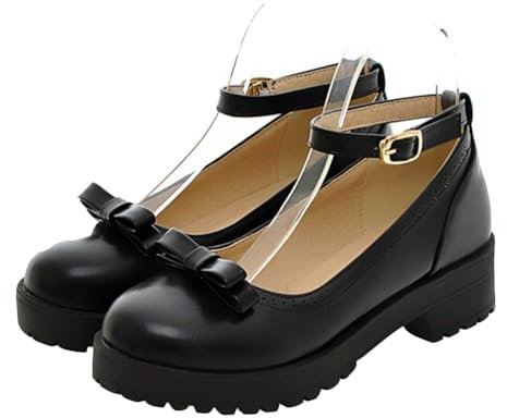 Holibanna Womens Flat Shoes Womens Pumps 1 Pair Women Janes Shoes Spring Summer Retro Leather Bow Buckle Strap Round Toe Casual Chunky Janes Womens Pumps Black