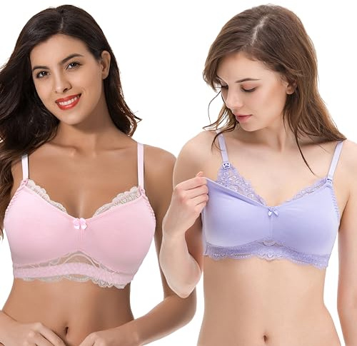 Curve Muse Soutien-Gorge Allaitement Grande Taille en Coton sans Doublure Ni Armatures avec Finitions en Dentelle -Rose, Lavande-90C