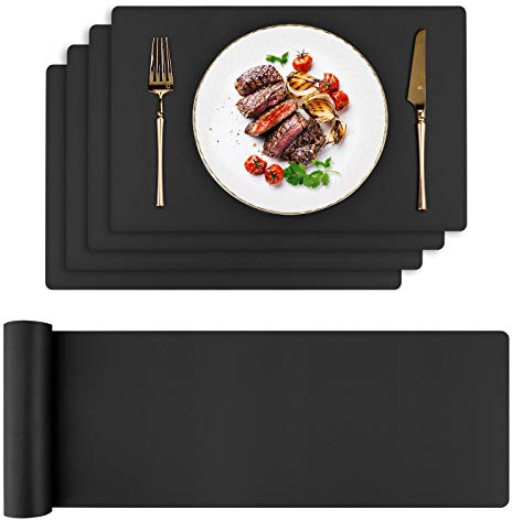 Toprance Platzset 4er Sets und Tischläufer Lederoptik Wasserdicht Abwischbar Tischset 42x30cm Platzdecken PU Kunstleder Tischtuch 135cm Schwarz für Küche Hause Restaurant und Hotel