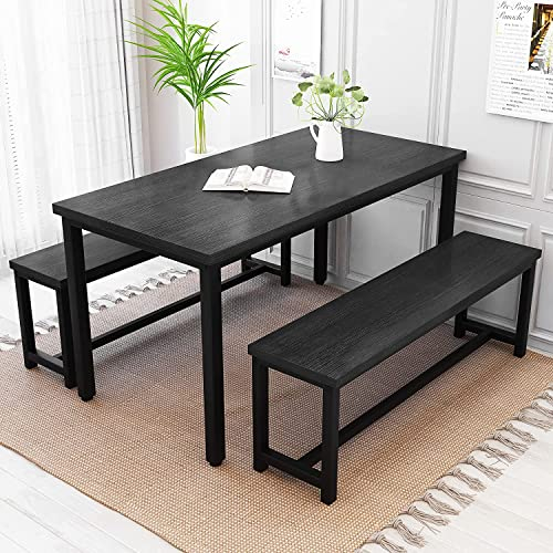 HOOSENG Kitchen Dining Table with Bench Set,Faux Wooden Dining Set for 4, Ideal for Home, Breakfast Nook, Table 110 x 60 x 72cm, Bench 98 x 30 x 44.5cm, Black