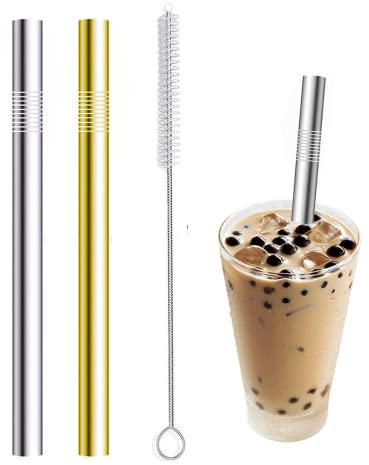 2pcs Paille Bubble Tea Inox Paille Réutilisable Large Paille pour Bubble Bille - 12mm Large Bouche avec Brosse de Nettoyage (Aregente et Dore)