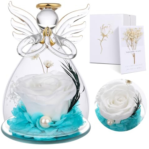 Regali di San Valentino per le Donne, Mamma e Nonna, Rosa Eterna con Angelo di Vetro,Rosa Stabilizzata Vera Regalo Mamma Compleanno, Statuette Angeli in Vetro con Fiori Eterni, Angeli Custodi per Lei