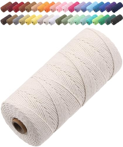 GOHOF Macrame Cord 2mm x 205m Premium Cotton Macrame Rope, 3 Strand Twisted Soft Cotton Cord, One of The Most Perfect Materials for Macrame Art, Cotton String Without Chemicals (Beige)