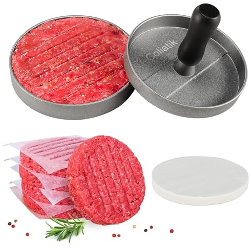 Coliatik Burger Press Patty Maker Non-Stick Aluminum Hamburger Mold with 100 Free Patty Papers, for Beef Veggie Burger BBQ Barbecue Grill Dishwasher Safe, BPA Free