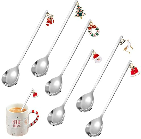 AYMQC Jul Kaffeskedar Dessertskedar i Rostfritt Stål med Jul Hängen Julsked Set med Presentlåda 6 Stycken (Silver)