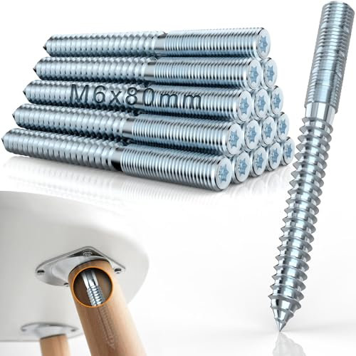 Mbsomnus 15 Pièces Vis Double Filetage M6x80mm Vis de Fixation M6 Goujon Patte à Vis avec Rainures Etoilées Vis Bois en Acier Galvanisé pour Assembler Pieds de Meubles et Fixer Goujons