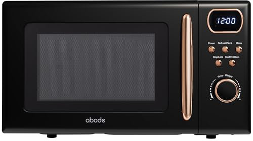 Abode Retro Microwave 20 Litre Black with Rose Gold Accent Digital 700W, Mirror Finish, 8 Auto Cook Settings & Defrost, 5 Power Levels AMD2004BRG