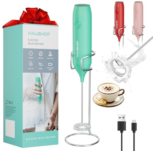 HAUSHOF Powerful Rechargeable Milk Frother Wand with Stand, Handheld Electric Foam Maker, Drink Mixer with Detachable Stainless Steel Whisk for Coffee Latte, Cappuccino, Matcha, Green