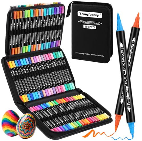 Tongfushop 84 Farben Acrylstifte Set, Doppelspitze Acrylstifte für Steine Wasserfest, Schnelltrocknende Steine Bemalen Acrylic Marker für Glas, Holz, Keramik, Leinwand, Basteln Ostern, Weihnachten.
