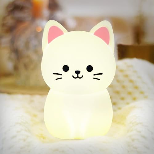 Niuny Nachtlicht Kinder Nachtlicht Baby Stilllicht Dimmbar Nachtlampe Kinderzimmer Silikon Nachtlichter Aufladbar LED Baby Lampe Nachtlichter Katze 16 Farben mit Timer Fernsteuerung USB