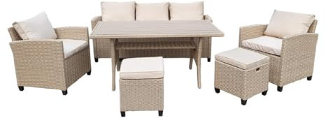 Green Spirit Garten Sitzgruppe Alpina II - Beige, Polyrattan, für 7 Personen, Wetterfest, Gartenmöbel-Set mit 3-Sitzer Sofa, Tisch, 2x Sessel und 2x Hocker - Ess-Gruppe, Dining-Lounge, Rattan-Garnitur