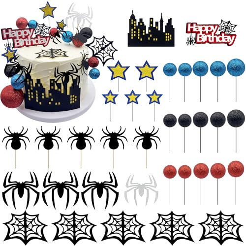 Firleayo 36pcs Spider Cake Topper Spider Web Cake Decoration Spider Themed Cake Decorations Glitter Red Blue Black Balls City Star Cupcake Topper for Boys Men Birthday Party Baby Shower Supplies