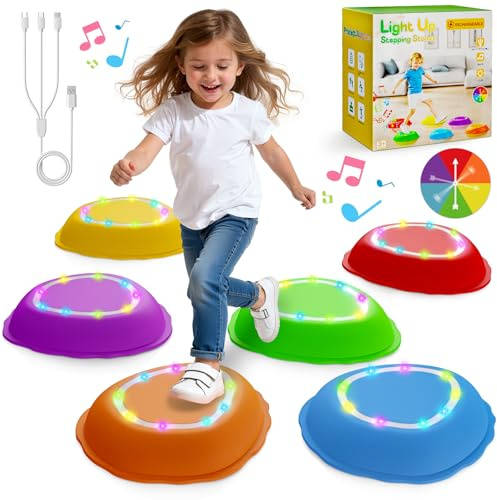 Scvcid Rechargeable Stepping Stones for Kids, 6pcs Music and Light Up Anti-Slip Balance Sensory Toys for Toddler, Kids Indoor and Outdoor Play Equipment, Birthday Gifts Toys for 3 4 5+ Year Old Kids