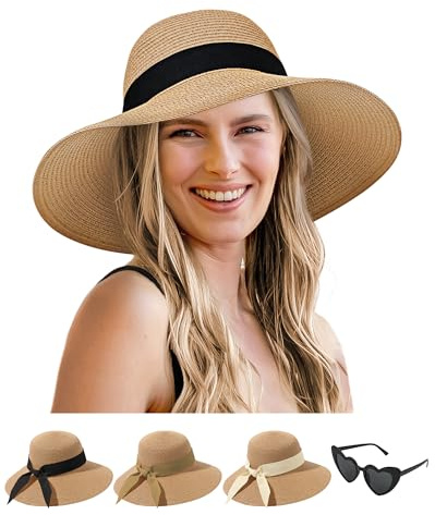 Senker Fashion Sun Hats for Women, Wide Brim Straw Floppy Hat for Beach Summer Vacation Garden Packable Roll Up UPF 50+ Khaki