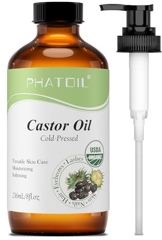 PHATOIL Huile de Ricin BIO 236ML - Organic Castor Oil 100% Naturelle Pure - Pressée à Froid - Sans Hexane - Vegan & Cruelty Free - Huile pour Cheveux, Cils, Sourcils, Peau, Ongles, Barbe