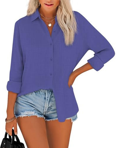 NONSAR Blusa para mujer elegante con cuello, parte superior de manga larga de algodón, blusas casuales y holgadas para mujer, azul, M