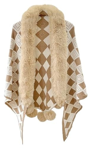Mantella Da Donna In Maglia con Scialle Poncho Cardigan In Maglia Collo In Pelliccia Sintetica Calda Stola Invernale Scialle Da Donna Poncho Multiuso Coperta Indossabile per Letto Scrivania Ufficio