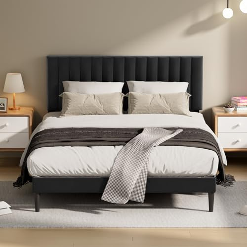 KUTAS Upholstered Bed 135x190 cm, Bed Frame with Adjustable Headboard and Slatted Bed Base, Sturdy Bed Frame, Up to 480 kg, Upholstered Bed, No Box Spring Required, Easy to Assemble, Black
