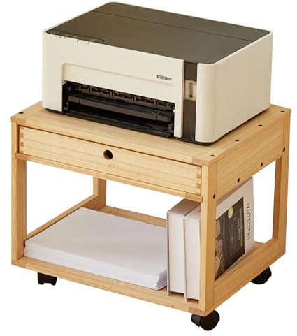 KIRIGEN Solid Wood Printer Stand with a Drawer, 2 Tier Printer Table fit Fax Scanner/3D Printer, Wooden Multi-Functional Storage Organizer on Wheels for Home and Office(DYJJ-NA)