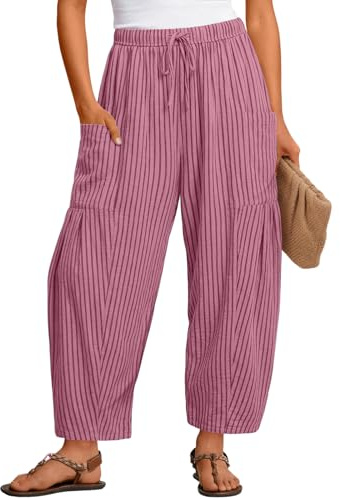 Capri Palazzo Trousers Striped Trousers for Women UK Elasticated High Waisted Drawstring Waist with Patch Pockets Baggy Jogging Bottoms Stretchy Work Sweatpants