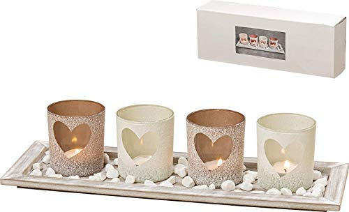 Americana Windlight Centerpiece Set of 5, 4 Tealight Candle Holders with Heart Shaped Windows, Decorative Pebbles, 1 Natural Wood Tray, Over 1 Ft Long