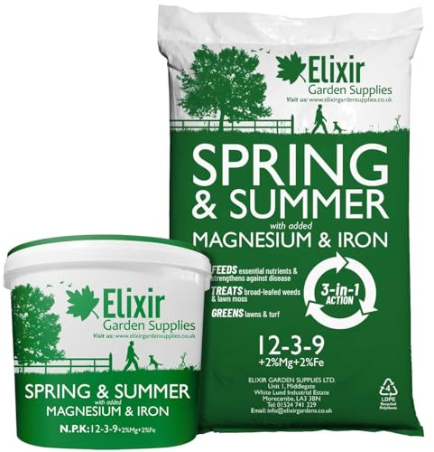 Elixir Gardens UK Spring & Summer Lawn Food/Feed & Granular Compound Turf Fertiliser with added Iron + Magnesium | 1kg-25kg Weights | NPK:12-3-9 + 2% Fe & 2% MgO | 5kg Tub Treats 200m²