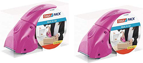 tesapack Abroller Pack' n' Go - Ergonomischer, pinker Handabroller für Paketbänder - Inklusive 50 m x 48 mm Klebeband (2 Abroller)