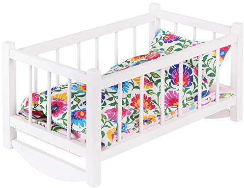 Puppenwiege weiß Bett Spielzeug Holzspielzeug Holzbodenwiege Naturholz mit Textilausrüstung Bettwäsche Matratze Kopfkissen Bettdecke Wiege für Puppen
