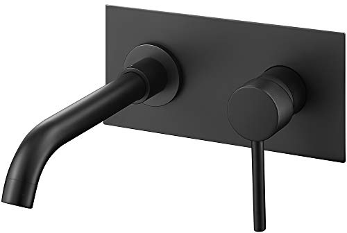 VALAZ Rubinetto Bagno Lavabo a Muro Nero | Miscelatore Lavabo Bagno Acqua Fredda e Calda, Risparmio Acqua | Installazione Facile | Ottone, Inossidabile, Elegante, Becco 21cm, Serie Jucar