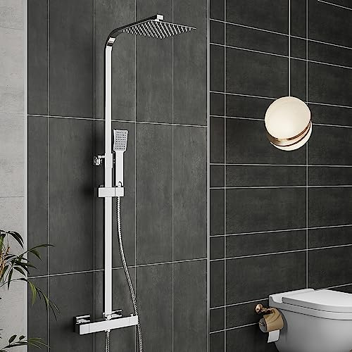 Acezanble Duschsystem mit Thermostat Regendusche Duschset mit 3 Strahlarten Handbrause und Verstellbarer Duschstange Brausegarnitur Duscharmatur Dusche Duschsäule für Bad