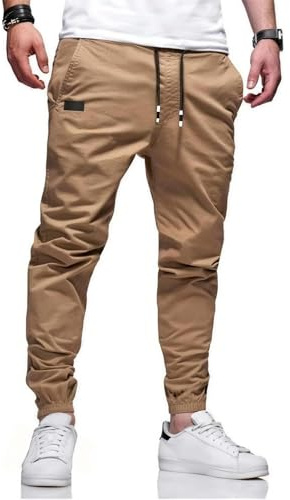 Bilitry BIBONG Men Drawstring Waist Carrot Cotton Sport Pants Twill Fitness Track Pants Jogging Pants, Khaki, Medium