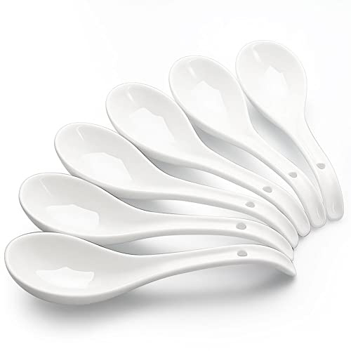 AOOSY cucharas de sopa, 6.75 pulgadas de cerámica cucharas de sopa china, cucharas de sopa asiática, blanco brillante cuchara japonesa grande para Ramen Pho Cereal, Juego de 6 (Blanco)
