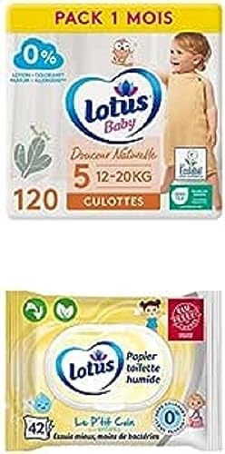Lotus Baby Douceur Naturelle - Culottes Taille 5 (12-20 kg - Pack 1 mois 120 culottes) + Lotus Papier Toilette Humide Le P'tit Coin - Sans colorant, ni parfum - (42 unités - Lot de 1)