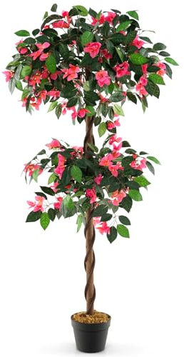 COSTWAY 150cm Árbol de Buganvilla Artificial, Planta Floral Falsa con 252 Flores, 630 Hojas y Tronco de Madera Real, Planta en Maceta, Decoración Interior y Exterior de Hogar, Oficina