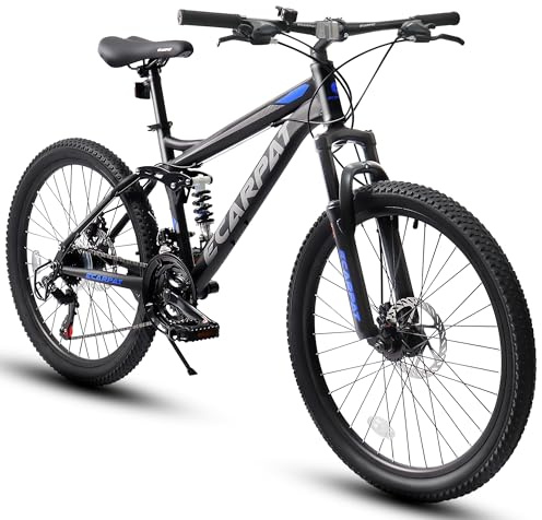 Ecarpat 26 inch Full Suspension Mountain Bike, 21-Speed Mountain Bicycle with Dual Disc Brakes, Steel Frame MTB Bike for Adult Mens Outdoor, Black