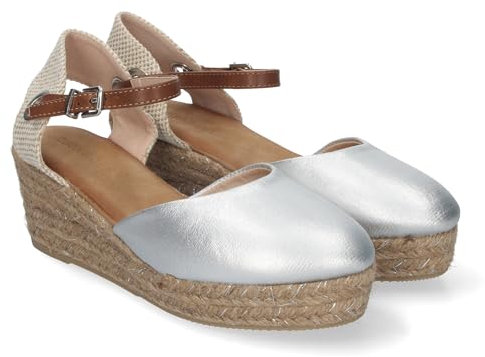 shoes&blues.es 84231 Sandalia de Cuna de Yute para Mujer, Comodas y Elegantes, Pala Cerrada, Yute con Adornos Brillantes y Cierre de Hebilla Ajustable. Plata Talla 39