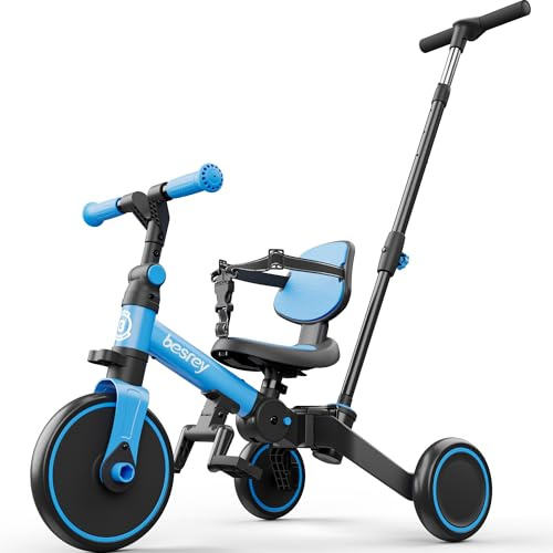 besrey Vélo pour tout-petits avec poignée de poussée à contrôle parental pour filles et garçons de 1 à 3 ans, tricycle pour enfants, tricycle pour tout-petits avec pédale amovible, siège réglable,Bleu