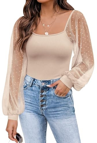 Timuspo Womens Blouses Mesh Long Sleeve Tops Cute Puff Sleeve Top Polka Dot Ribbed Knit T Shirts Slim Fit Lightweight Casual Tee