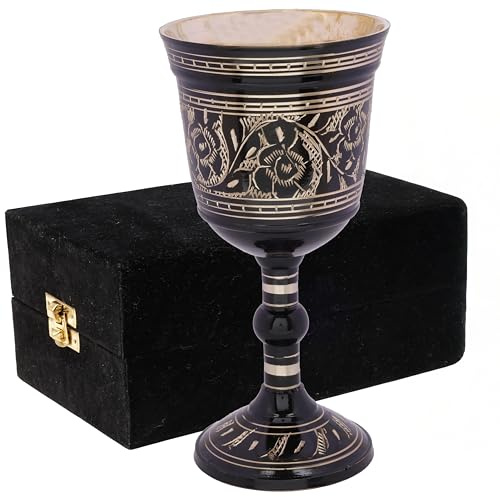 Solid Brass Gothic Chalice – Handmade Embossed Medieval Wine Goblet – Black & Gold Royal Vintage Cup – Unique Decor & Drinkware – 6 Inch, Antique Floral Design