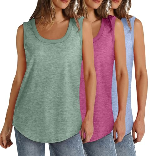 Lot de 3 débardeurs d'été sans manches pour femme - Grande taille - Col rond - Coupe ample - Couleur unie - Décontracté - Léger - Athlétique - Sport - Tunique - Ourlet incurvé (S à 5XL)