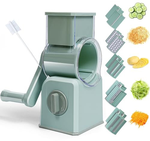 Rotary Cheese Grater Cheese Shredder - Upgraded 5-in-1 Cheese Grater with Handle and Strong Suction Base, Multi-purpose Vegetable Slicer Ice Shaver Nuts Grinder for Ice, Vegetables, Fruit, Nuts