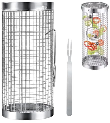 Cestini per Barbecue,Cestello per Grigliare Rotante,Cestini per Barbecue Rotondi in Acciaio Inox,Cestello Cilindrico per Grigliate,Griglie Portatili,Accessori Barbecue per Verdure e Gamberi,1 pezzi