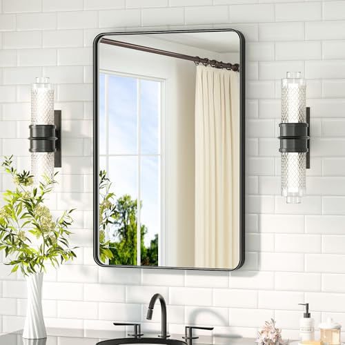 TETOTE 50x75cm Wandspiegel Schwarz Ohne Beleuchtung, Rechteckig Badspiegel mit Runder Ecke, Metallrahmen Badezimmer Spiegel für Waschbecken, Gehärtetes Glas Dekorative Spiegel