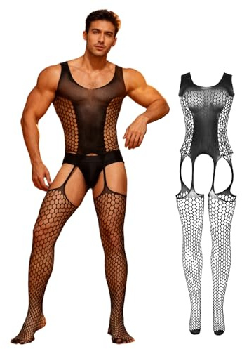 comeondear Bodystocking Sexy Homme Ouverte Grande Taille Lingerie Sexy Homme Résille Body Transparent Combinaison Fishnet sous-Vêtements Collant Tenue Nuisettes Bas Nylon Noir,XS-M