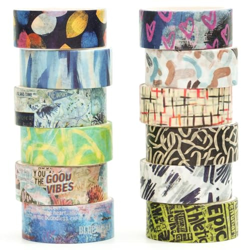Songdao 12 rollos Expresión Artística Washi Tape Set, Bellas artes Cinta Adhesivo Decorativo Plantas Retro Masking Tapes para Artes, Bullet Journal, Scrapbooking, Bricolaje (1 graffiti)
