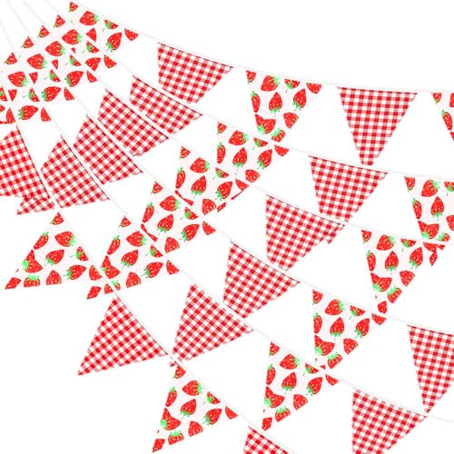 G2PLUS Strawberry Fabric Bunting Banner: 12M Gingham Garden Bunting, 42PCS Red Cotton Pennant, 15x19CM Triangle Garland Banner for Kid's Bedroom, Birthday, Baby Shower, Tea party