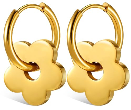 iplusmile Boucle D'oreille Fleur, Boucles d'Oreilles Femme Acier Inoxydable Créoles Fleur Or Rétro Petits Bijoux Anneaux Pendantes pour Fille Quotidien