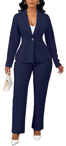 2 Piece Blazer Set for Women Dressy Straight Leg Pants Suit Professional Business Formal Office Work Outfits Navy Blue M