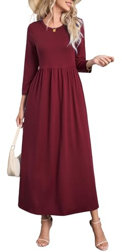 Enmain Red Winter Dress for Women UK Casual 3/4 Sleeve A-Line Womens Dresses Long Sleeve with Pockets Winter Elegant Classic Round Neck Tunic Wedding, M